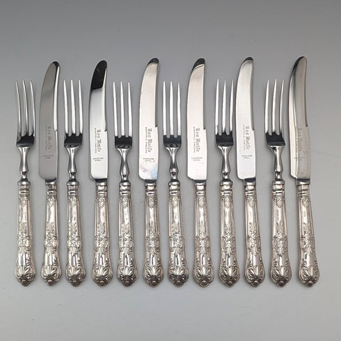 約 1974 年英國復古純銀手柄茶刀和叉 6 對哈里森兄弟茶刀盒